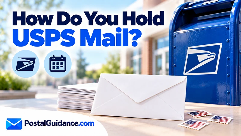 USPS collection box and envelopes beneath a mail-hold question.