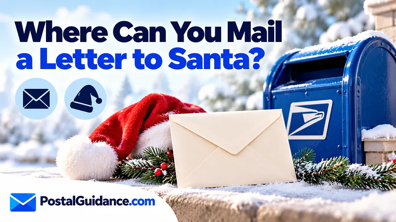 Envelope back, postal collection box and Santa hat beneath a question about mailing a letter to Santa.