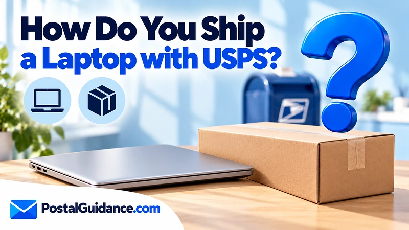 Closed laptop and separate parcel beneath a question about shipping a laptop with USPS.