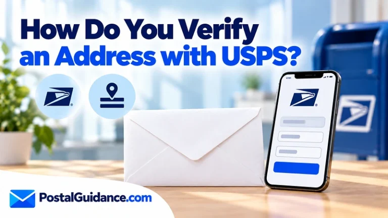 Envelope and phone beneath an address-verification question.