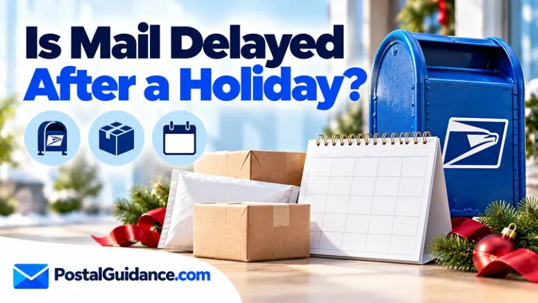 Mail collection box and blank calendar pages beneath a post-holiday delay question.