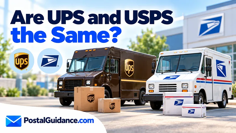 UPS and USPS vehicles beneath a comparison question.