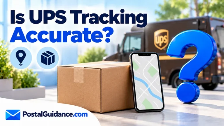 Parcel and abstract phone screen beneath a question about UPS tracking accuracy.