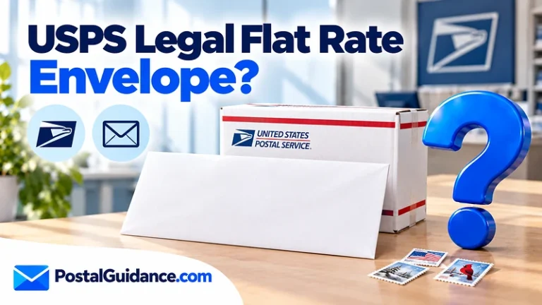 Long white mailer beneath a USPS Legal Flat Rate Envelope question.