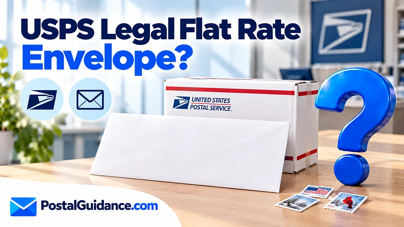 Long white mailer beneath a USPS Legal Flat Rate Envelope question.
