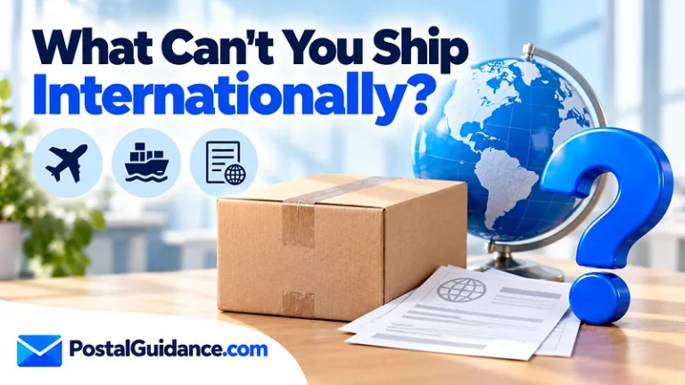 Parcel, globe and document icons beneath an international shipping restrictions question.