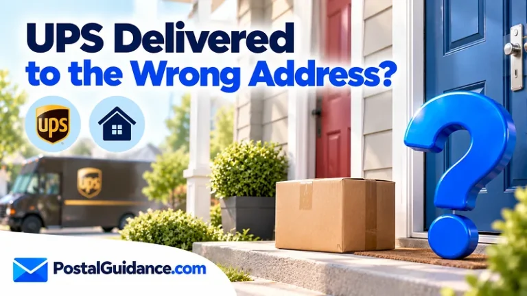 Two neighboring porches and UPS vehicle beneath a wrong-address delivery question.