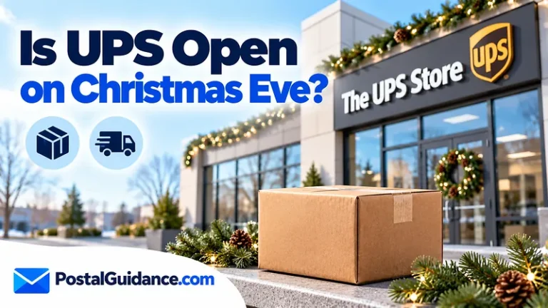 UPS storefront and festive greenery beneath a Christmas Eve opening question.