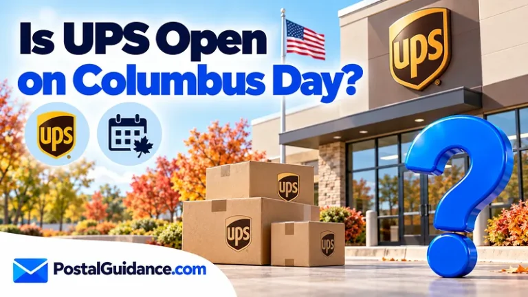 UPS facility and autumn foliage beneath a Columbus Day opening question.