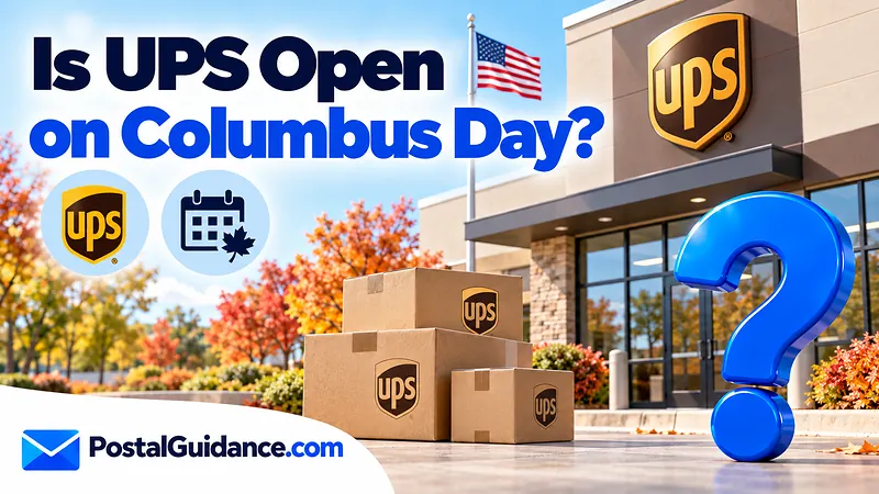 UPS facility and autumn foliage beneath a Columbus Day opening question.