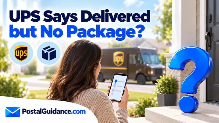 Person checking a phone at an empty doorstep beneath a missing UPS package question.