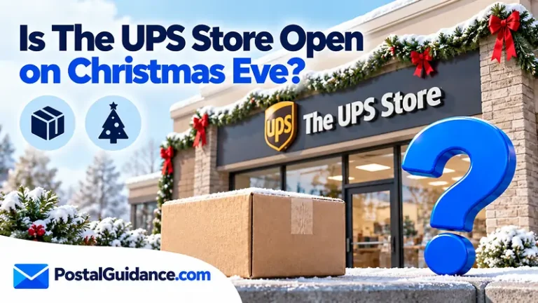 UPS Store exterior and Christmas decorations beneath a Christmas Eve opening question.