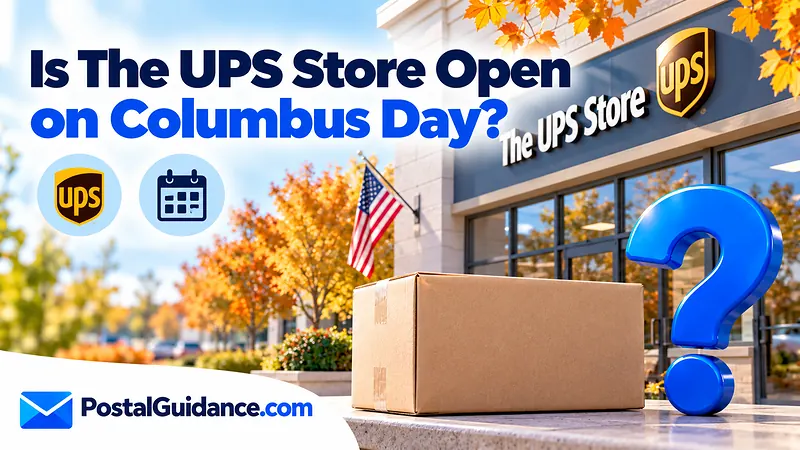 UPS Store exterior and autumn foliage beneath a Columbus Day opening question.