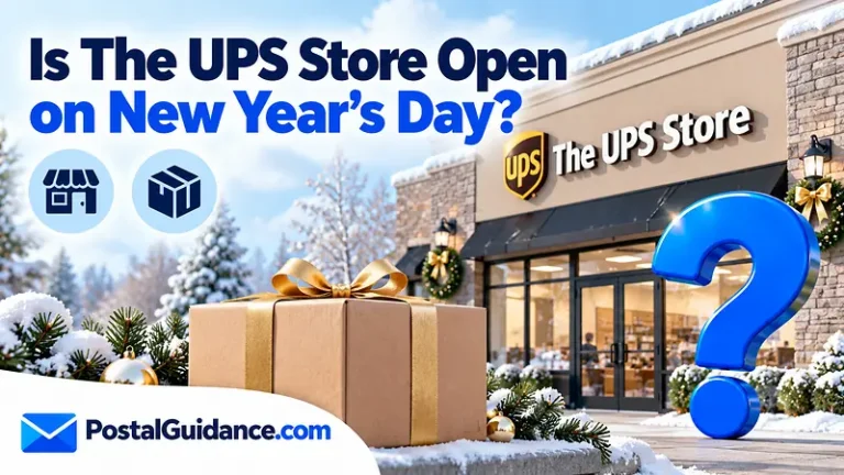 UPS Store exterior and festive ribbons beneath a New Year's Day opening question.