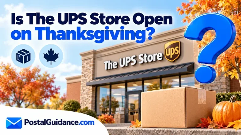 UPS Store exterior and autumn props beneath a Thanksgiving opening question.