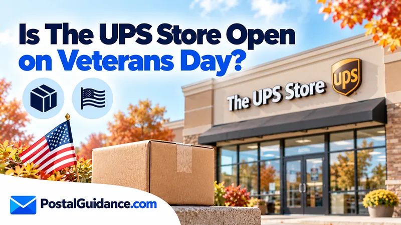 UPS Store exterior and American flag beneath a Veterans Day store hours question.