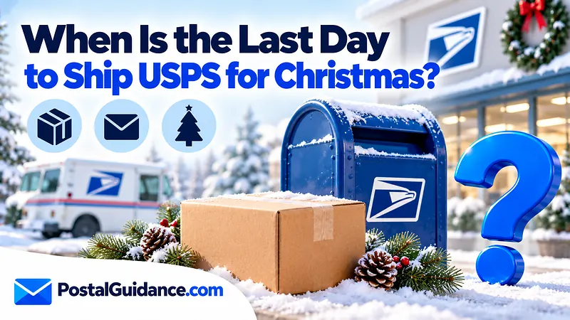 Postal collection box and parcel in a Christmas scene beneath a last shipping day question.