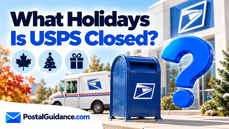 Postal vehicle, collection box and neutral seasonal icons beneath a USPS holiday closure question.