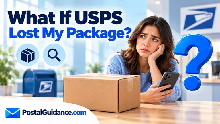 Customer with phone and parcel beneath a question about a lost USPS package.