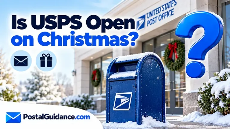 Post office and collection box with festive greenery beneath a Christmas opening question.