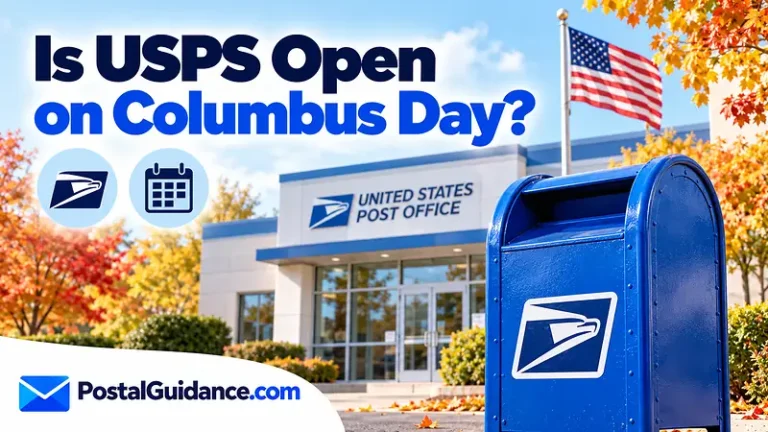 Post office and autumn trees beneath a Columbus Day opening question.