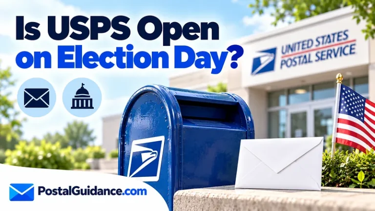 Postal collection box, envelope back and American flag beneath an Election Day opening question.