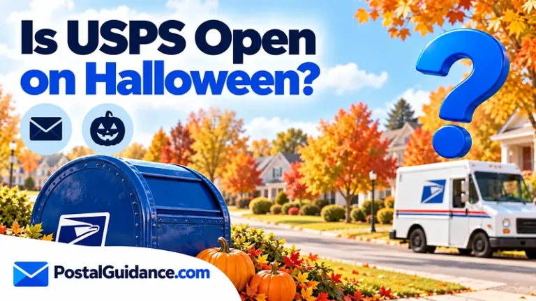 Blue postal collection box, parked postal vehicle and pumpkins beneath the question Is USPS Open on Halloween?