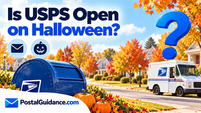 Blue postal collection box, parked postal vehicle and pumpkins beneath the question Is USPS Open on Halloween?