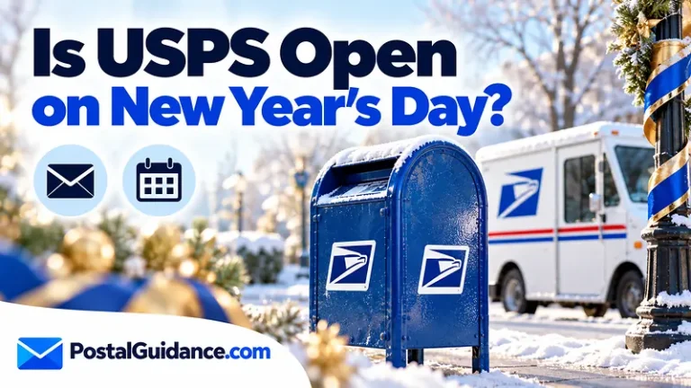 Postal collection box and parked postal vehicle beneath a New Year's Day opening question.