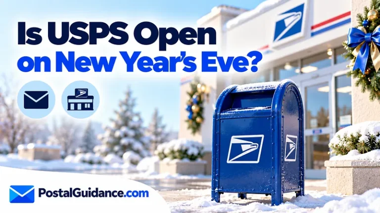 Postal collection box and subtle festive ribbons beneath a New Year's Eve opening question.
