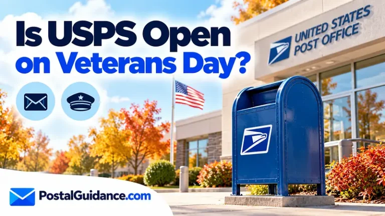 Postal collection box and American flag beneath a Veterans Day opening question.