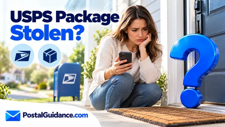 Person at an empty doorstep beneath a question about a stolen USPS package.