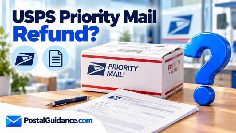 USPS parcel and claim document beneath a refund question.