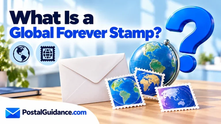Envelope back, globe and symbolic loose stamps beneath a Global Forever stamp question.