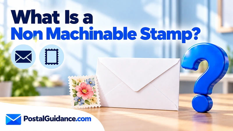 Stamp and square envelope beneath a non machinable postage question.