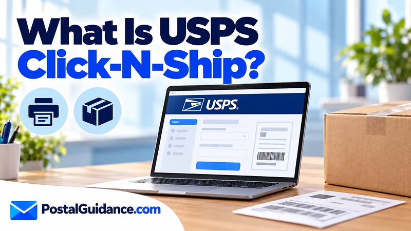 Laptop and parcel beneath a Click-N-Ship question.