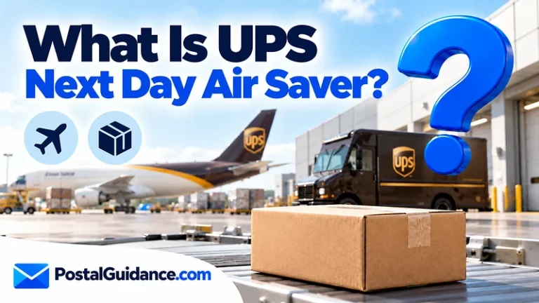 UPS logistics scene and parcel beneath a question about Next Day Air Saver.