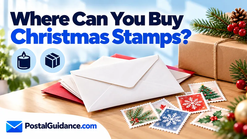 Envelope backs and festive symbolic stamps beneath a question about buying Christmas stamps.