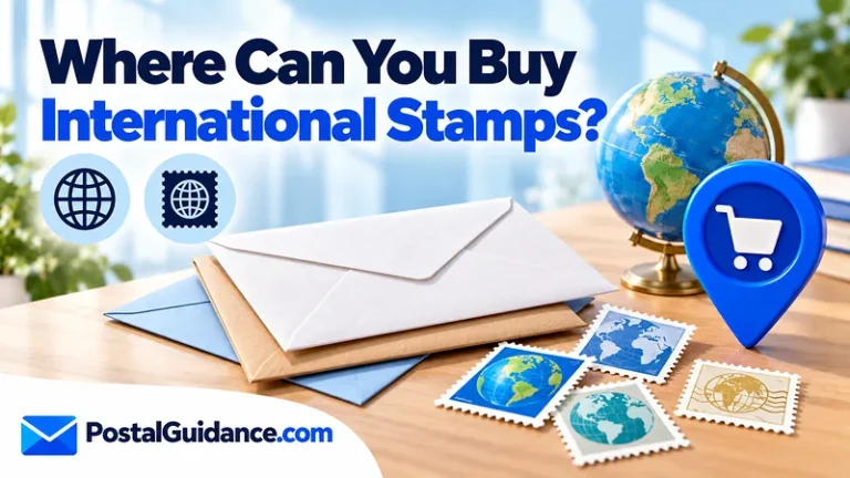 Envelope backs, symbolic globe stamps and a globe beneath a question about buying international stamps.