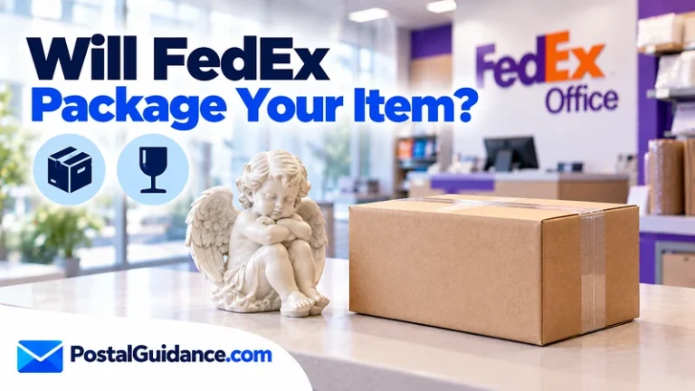 Sculpture and separate parcel beneath a FedEx packing-service question.