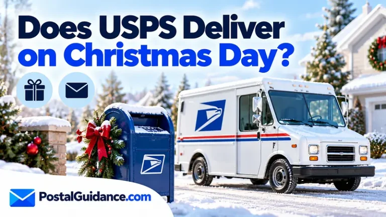 Postal vehicle and collection box in a winter scene beneath a Christmas Day delivery question.